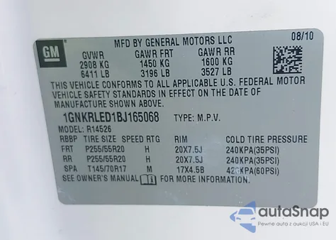 2011 Chevrolet Traverse Ltz from USA, damaged, VIN 1GNKRLED1BJ165068